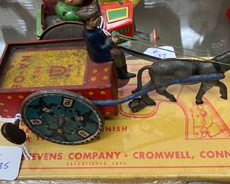 Old Tin Litho Marx Wind-up Donkey Pulling Trailer (Working)