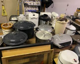Pots, crock pots, small appliances, ice cream churn, bread maker, George Foreman grill