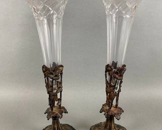 Pair Of Crystal Vases With Bronze Bases, Made In Hungary
