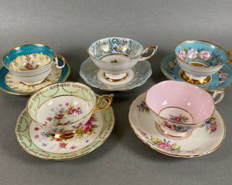 Five Vintage Teacups With Saucers-Aynsley, Royal Stafford, Royal Standard, Paragon, Regency

