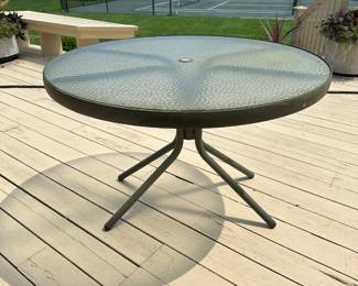 Brown Jordan Round Glass Top Dining Table With Tubular Metal Base

