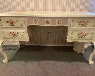 Custom Made White Desk Hand Painted With Floral And Artist Themed Decoration

