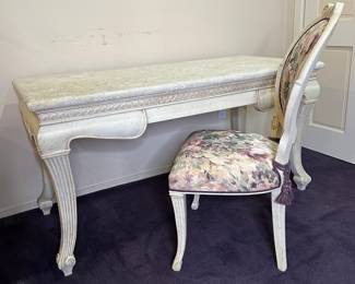 Italian Tuscan Style White Desk With Stone Top And Chair
