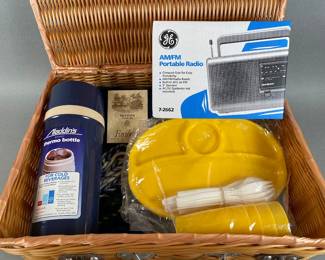 Picnic Basket With Wool Blanket, Radio, Plastic Plates And Thermos
