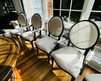 PRICE: $1,200 FIRM WAS $2,100
ST. GERMAIN BEIGE LINEN OVAL BACK SIDE CHAIRS- (SET OF 6)
2 ARMCHAIRS 23”W x 22”D x 41”H
4 CHAIRS 22”W x 22”D x 41”H