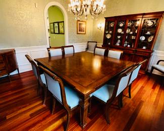 PRICE:$1,500
REGENCY STYLE GRAND DINING ROOM TABLE WITH 10 CHAIRS
74”L x 74”W x 30”H
2 BREAD BOARD LEAVES
30”W x 74”L
