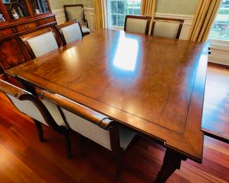 PRICE:$1,500
REGENCY STYLE GRAND DINING ROOM TABLE WITH 10 CHAIRS
74”L x 74”W x 30”H
2 BREAD BOARD LEAVES
30”W x 74”L