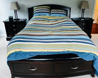 PRICE: $500
MODERN DARK BROWN QUEEN SIZE BEDROOM SET
DARK BROWN TALL CHEST OF DRAWERS
46”W x 20.5”D x 52”H
QUEEN SIZE BED WITH DRAWERS
64”W x 90” L x 50.5”H
2 NIGHTSTANDS
30”W x 18”D x 29.5”H