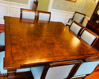 PRICE:$1,500
REGENCY STYLE GRAND DINING ROOM TABLE WITH 10 CHAIRS
74”L x 74”W x 30”H
2 BREAD BOARD LEAVES
30”W x 74”L