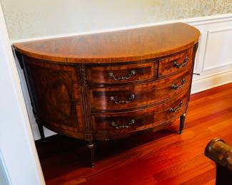 50% OFF ORIGINAL PRICE: $500
REGENCY STYLE BURL WALNUT DEMI LUNE COMMODE / BUFFET (DOVE TAIL DRAWERS)
SOME CHIPS ON WOOD
60.5” W x 28.5”D x 35”H