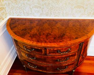 50% OFF ORIGINAL PRICE: $500
REGENCY STYLE BURL WALNUT DEMI LUNE COMMODE / BUFFET (DOVE TAIL DRAWERS)
SOME CHIPS ON WOOD
60.5” W x 28.5”D x 35”H