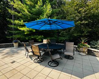 PRICE: $2,500
LARGE METAL OVAL PATIO TABLE / LAZY SUSAN IN THE MIDDLE WITH 8 CHAIRS
TABLE 100”L x 70”W x 29”H
4 SWIVEL ARMCHAIRS 26”W x 25”D x 43”H
4 REGULAR ARMCHAIRS 25”W x 25”D x 42”H