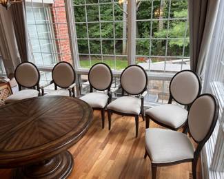 PRICE: $1,200 FIRM WAS $2,100
ST. GERMAIN BEIGE LINEN OVAL BACK SIDE CHAIRS- (SET OF 6)
2 ARMCHAIRS 23”W x 22”D x 41”H
4 CHAIRS 22”W x 22”D x 41”H