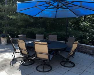 PRICE: $2,500
LARGE METAL OVAL PATIO TABLE / LAZY SUSAN IN THE MIDDLE WITH 8 CHAIRS
TABLE 100”L x 70”W x 29”H
4 SWIVEL ARMCHAIRS 26”W x 25”D x 43”H
4 REGULAR ARMCHAIRS 25”W x 25”D x 42”H