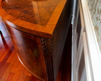 50% OFF ORIGINAL PRICE: $500
REGENCY STYLE BURL WALNUT DEMI LUNE COMMODE / BUFFET (DOVE TAIL DRAWERS)
SOME CHIPS ON WOOD
60.5” W x 28.5”D x 35”H