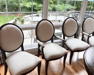 PRICE: $1,200 FIRM WAS $2,100
ST. GERMAIN BEIGE LINEN OVAL BACK SIDE CHAIRS- (SET OF 6)
2 ARMCHAIRS 23”W x 22”D x 41”H
4 CHAIRS 22”W x 22”D x 41”H