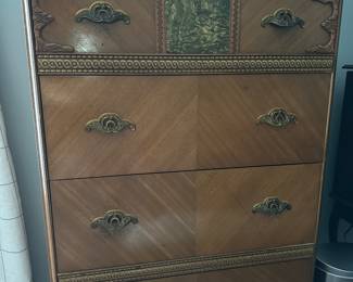 Antique Waterfall Dresser with Green Wood Inlay 