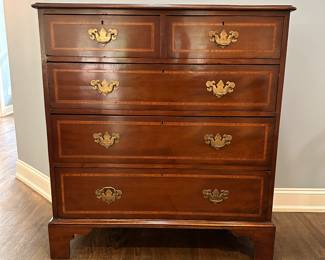 P13 - $400. George III Inlaid Mahogany Chest of Drawers. Early 19th century. Measures 41 tall x 38 wide x 19" deep. All drawers slide easily. Top has minor surface damage to veneer - looks worse in photos than in person. 