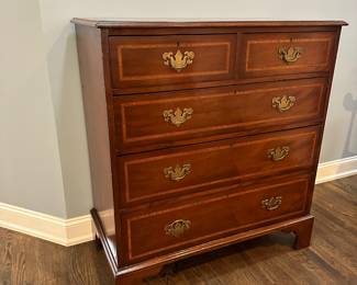 P13 - $400. George III Inlaid Mahogany Chest of Drawers. Early 19th century. Measures 41 tall x 38 wide x 19" deep. All drawers slide easily. Top has minor surface damage to veneer - looks worse in photos than in person. 
