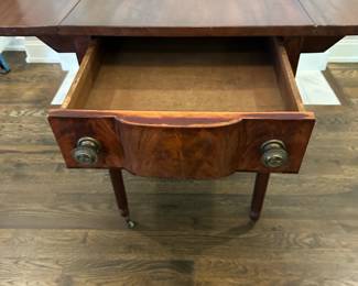 P17 -$350. Southern Federal Mahogany Pembroke Table. Measures 20" wide with leaves down x 36" deep  x 29.5" tall. Each leaf adds 12". (44" wide with both leaves up) (Purchased at LL auction house) Great size for side table or small breakfast table. 