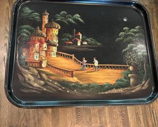 P18 -$225. English Victorian Papier Mache Mother of Pearl & Lacquered Tray on Stand. Measures 28.5" wide x 22.5" deep  x 19" tall. (Purchased at LL Auction House) 