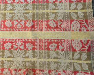 P25 - $200. 1842 Loomed Coverlet. Measures 72" wide x 80" long. Signed "Made by S. Kuter Trexler Town Lehigh Co. Peter Schmeier". In good display condition but does have some holes/ fraying from age. 