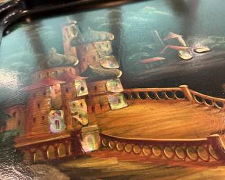 P18 -$225. English Victorian Papier Mache Mother of Pearl & Lacquered Tray on Stand. Measures 28.5" wide x 22.5" deep  x 19" tall. (Purchased at LL Auction House) 