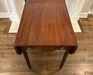 P17 -$350. Southern Federal Mahogany Pembroke Table. Measures 20" wide with leaves down x 36" deep  x 29.5" tall. Each leaf adds 12". (44" wide with both leaves up) (Purchased at LL auction house) Great size for side table or small breakfast table. 