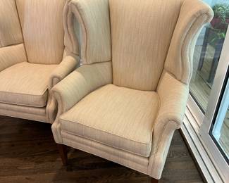 P16 - $450 PAIR. Ethan Allen Wingback Chairs. Measures 35" wide x 34" deep  x 42" tall. Minor wear on the arms but overall excellent condition. Lovely neutral color!