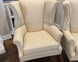 P16 - $450 PAIR. Ethan Allen Wingback Chairs. Measures 35" wide x 34" deep  x 42" tall. Minor wear on the arms but overall excellent condition. Lovely neutral color!