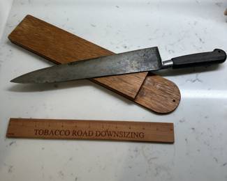 P143 - $80. Dufresre & Co Sabatier Knife with vintage homemade wooden storage case. Good vintage condition!