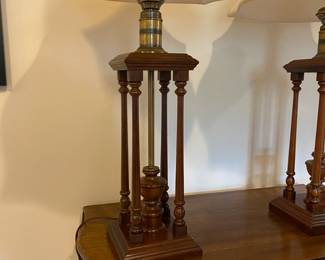 P182 - $125 PAIR of Table Lamps with nice shades. Wood frame with brass accents.