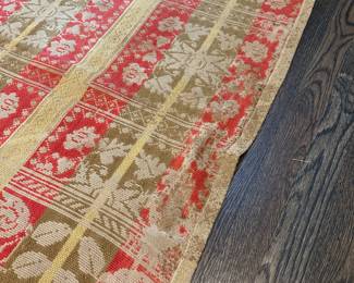 P25 - $200. 1842 Loomed Coverlet. Measures 72" wide x 80" long. Signed "Made by S. Kuter Trexler Town Lehigh Co. Peter Schmeier". In good display condition but does have some holes/ fraying from age. 