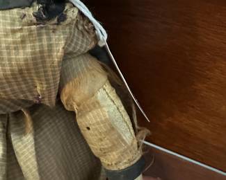 P108 - $200. Antique Doll with Greiner Label. Wax over Paper Mache Head, leather arms, cloth body. Dress has been repaired over the years. Beautiful antique condition. 