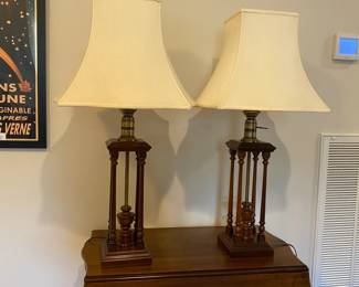 P182 - $125 PAIR of Table Lamps with nice shades. Wood frame with brass accents.