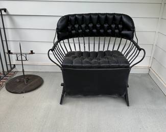 P196 - $250. Antique Buggy/ Carriage Seat with leather back and seats. Has been used as a front porch bench. 