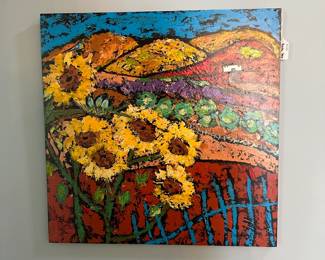 P31 - $250. Modern Folk Art signed by Artist Bailey Jack titled "Beacon Hill".  Measures 24" wide x 24" tall. 