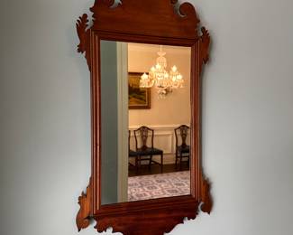 P10 - $175. Antique Chippendale Mahogany Mirror. Measures 15.5" wide  x 28" tall. Frame is in excellent condition. 