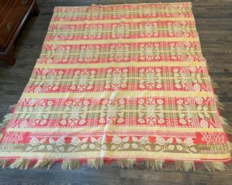P25 - $200. 1842 Loomed Coverlet. Measures 72" wide x 80" long. Signed "Made by S. Kuter Trexler Town Lehigh Co. Peter Schmeier". In good display condition but does have some holes/ fraying from age. 