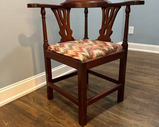 P14 - $75. Corner Chair solid wood frame and easy to reupholster if you wanted to. Measures 30" wide x 24" deep  x 32" tall. 