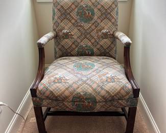 P44 - $45. Arm Chair with very worn Equestrian fabric (likely needs recovered before use). Measures 28" wide x 28" deep x 36" tall. Great bones!