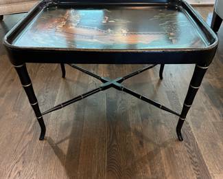 P18 -$225. English Victorian Papier Mache Mother of Pearl & Lacquered Tray on Stand. Measures 28.5" wide x 22.5" deep  x 19" tall. (Purchased at LL Auction House) 