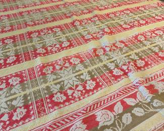 P25 - $200. 1842 Loomed Coverlet. Measures 72" wide x 80" long. Signed "Made by S. Kuter Trexler Town Lehigh Co. Peter Schmeier". In good display condition but does have some holes/ fraying from age. 