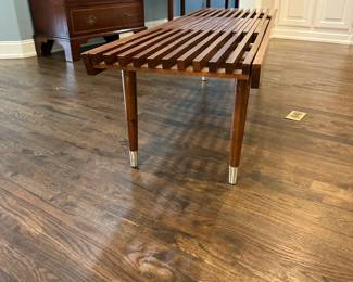 P21 - $400. Mid-Century Extending Slat Bench. Measures 60" wide x 18" deep  x 17" tall. Extends up to 70" Excellent Condition. 