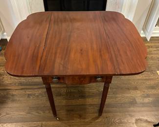 P17 -$350. Southern Federal Mahogany Pembroke Table. Measures 20" wide with leaves down x 36" deep  x 29.5" tall. Each leaf adds 12". (44" wide with both leaves up) (Purchased at LL auction house) Great size for side table or small breakfast table. 