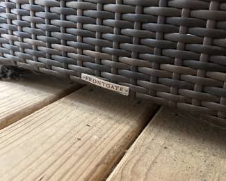 P36 - $1750. Frontgate Palermo Collection. 7 piece wicker modular sectional. Measures 103" wide (each side) x 31" deep x 32" tall. Overall in excellent condition! (One cushion has a stain but it comes with 2 replacement cushions.) Moves in 7 pieces. 