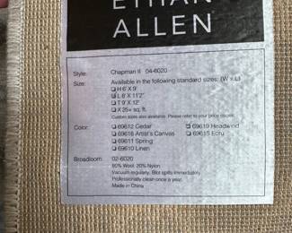 P3 - $400. Ethan Allen Chapman II area rug. Measures 8' x 11'2". Has been used under a bed in guest bedroom. Appears to be in excellent condition.  "Headwind" color pattern. 