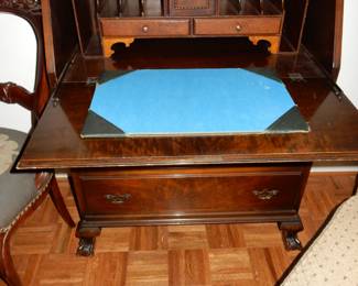 Mahogany Secretary w claw feet, inside showing all compartments and drawers intact
