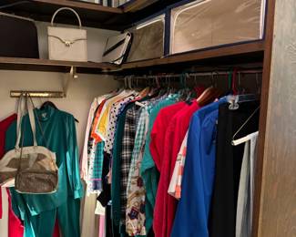 There is a huge clothing collection here! Pretty even mix of newer and more contemporary clothing (Talbots, Don Caster, Land's End, Eddie Bauer) as well as an amazing vintage (70s-90s) selection of women’s clothing.  (mens too just not in this picture!)  But for the most part, a lot of L and XL. Lots of sizes 12-18. Several zippered cases for shoe/purse storage