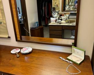 Eisenberg Ice necklace on dresser and other beautiful crystal pieces. Several in vintage MJ Reed's boxes. The jewelry collection from here is unreal! We're still working on organizing it,  but I made sure to take a picture of the collection stored in this dresser, to show the sheer volume of the collection. Pictures are ahead